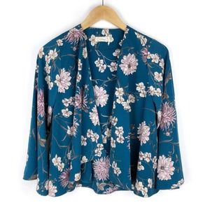 Audrey 3+1 Kimono Cardigan Teal Blue Floral Trumpet Sleeve Short Open S